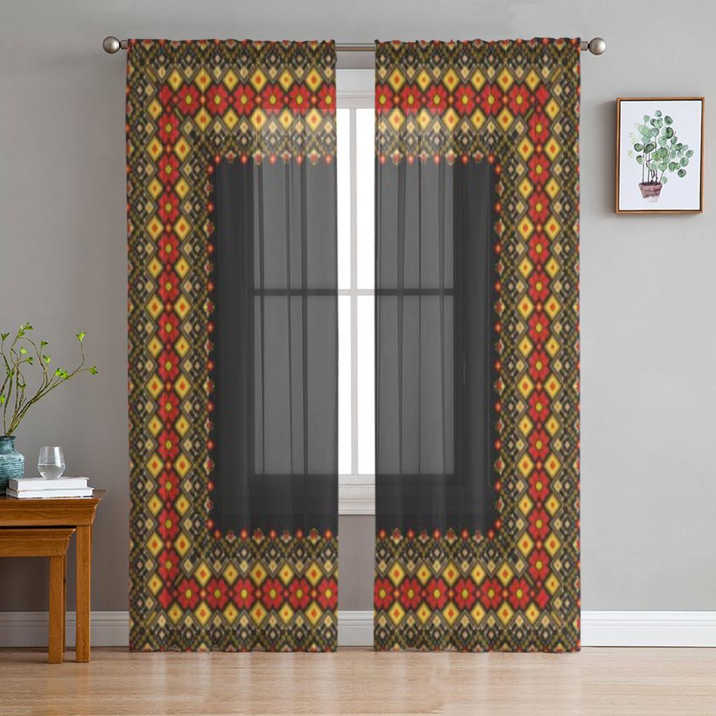 Ukrajinský lidový etnický ornament Průsvitné záclony do obývacího pokoje Průhledná tylová okenní záclona Dekorace do ložnice a kuchyně Závojové závěsy