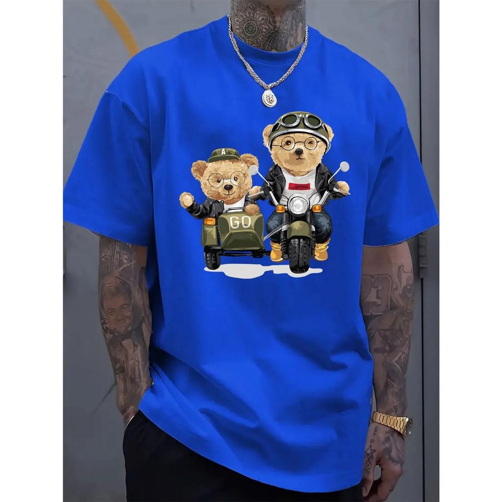 Summer 100 Cotton Fashionable Casual Sports Loose Cartoon Bear Pattern Printed Round Neck Short Sleeved Men's T-shirts