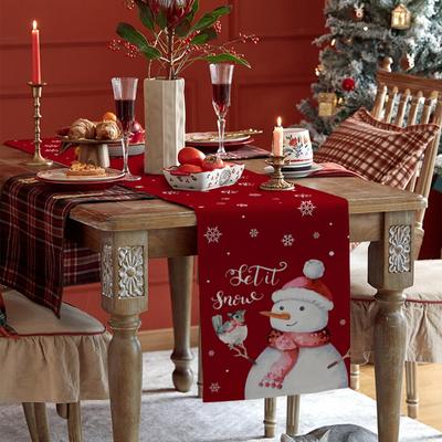 Chemin de table Bonhomme de neige de Noël Fond rouge Pour table à manger Maison Mariage Décor de luxe Nappe imprimée Cuisine Sets de table