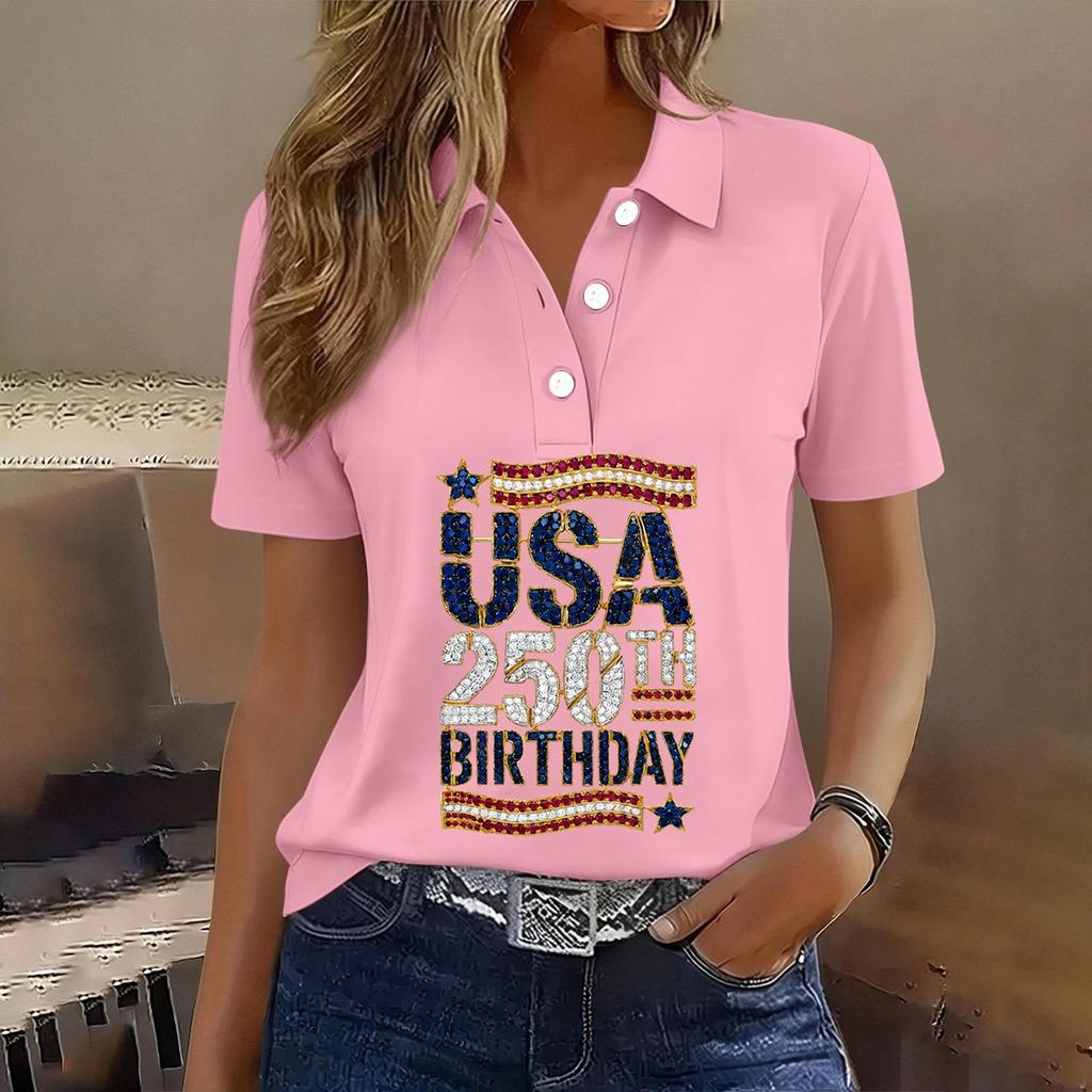 Women's Casual Short Sleeve Button Polo Shirt USA 250th Anniversary Print Relaxed Fit Lightweight Summer Top