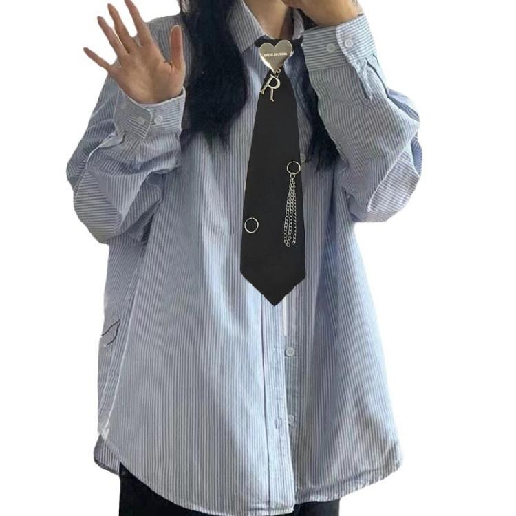 Student Pre Tied Neck Ties Preepy Look Heart Pin Metal Chain Dark Tie Cravat Vintage Neck Wear Accessories