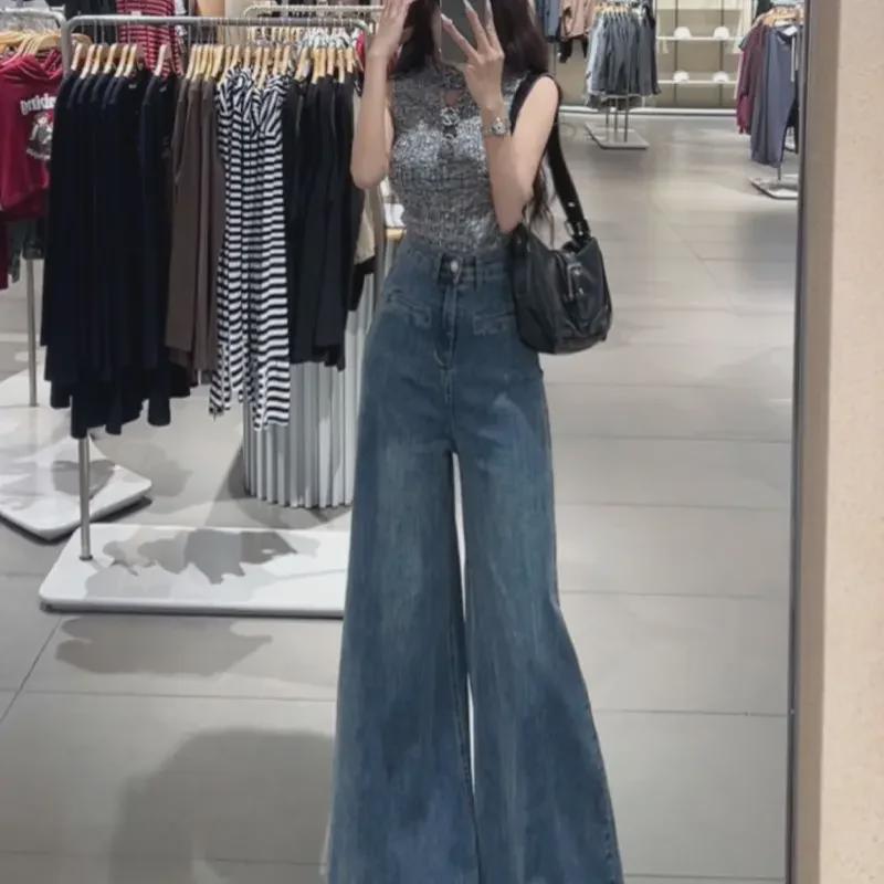 Damen Weißer High-Waist Wide-Leg Jeansrock: Lässige, modische, schlankmachende und altersreduzierende Hosen für Frühling und Herbst.