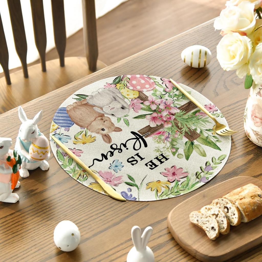 Hase Kaninchen Blume Bunt Eier Ostern Tischsets 4er Set, Druckmuster Tischmatten für Party Küche Esszimmer Dekoration