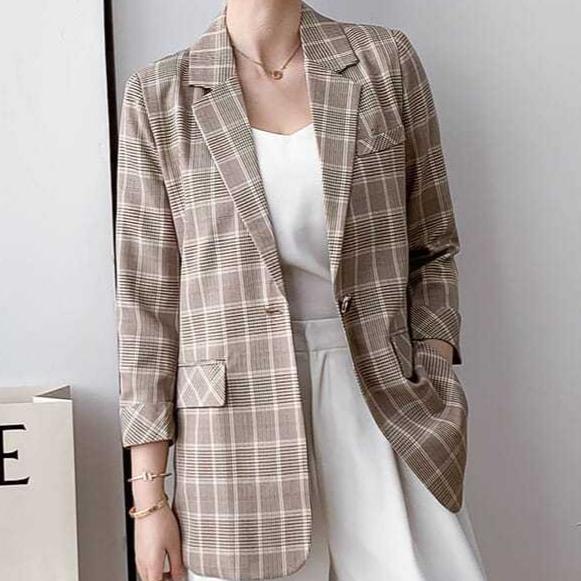 Women Blazer Plaid Coat New Notched Collar Business Suits Work Office Ladies Suit Jacket Casual Vintage Blazers