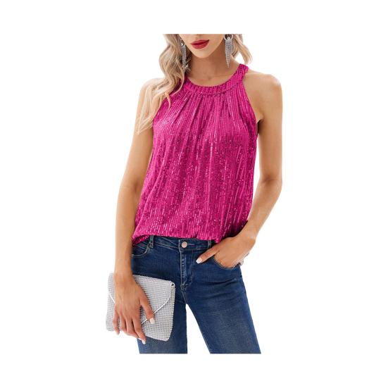 Women Vest Halter Neck Off Shoulder Sleeveless Tops Loose Fit Pure Color Sequin Decoration Party Tops Casual Daily Wear