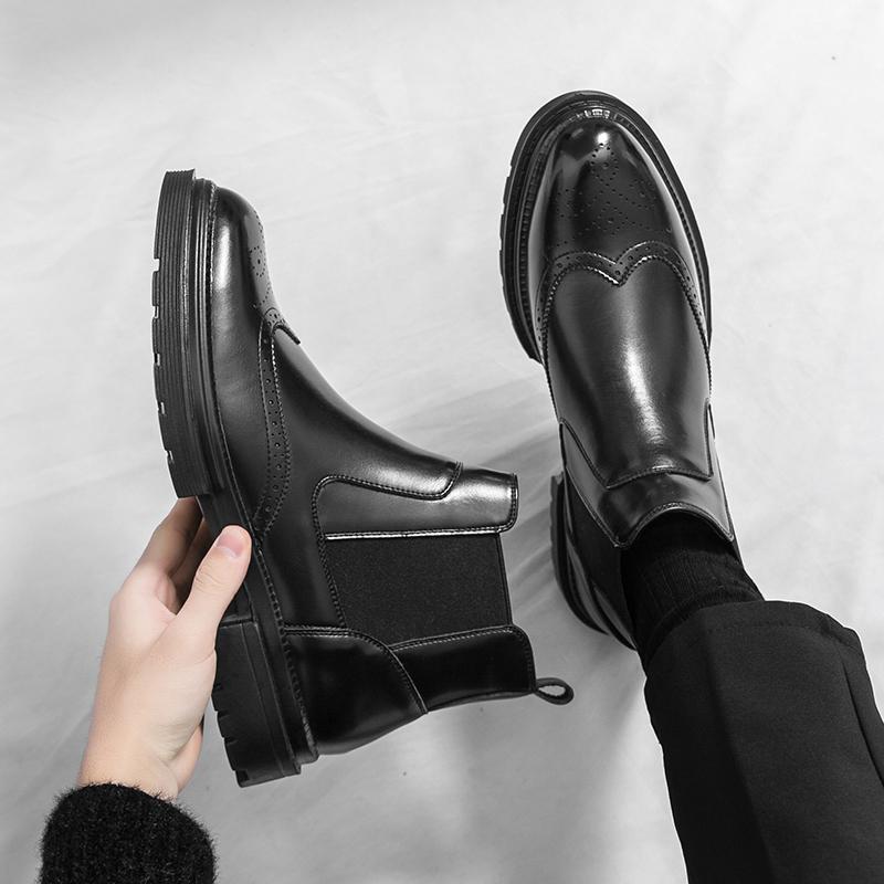 Men's riding boots British-style retro brogue carved high-top leather shoes men's casual leather shoes thick-soled leather boots