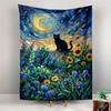 A black cat sits under a swirling moonlit sky surrounded by colorful flowers. Patterned tapestry for bedroom and living room home decor