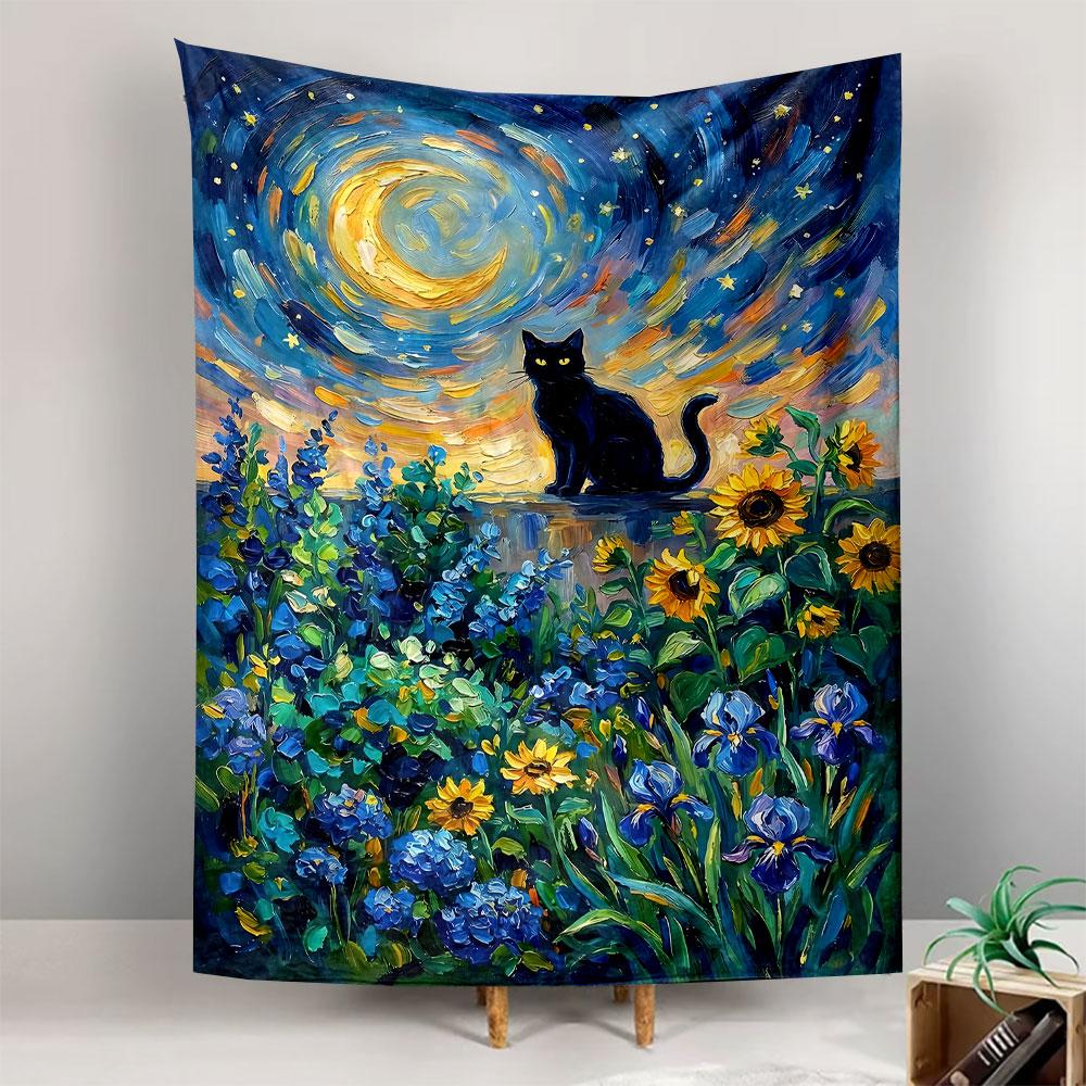 A black cat sits under a swirling moonlit sky surrounded by colorful flowers. Patterned tapestry for bedroom and living room home decor