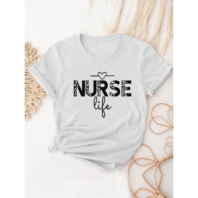 Nurse Life Print T-Shirt, Short Sleeve Crew Neck Casual Top For All Season, Women's Clothing Casual Basics O-collar T-shirt
