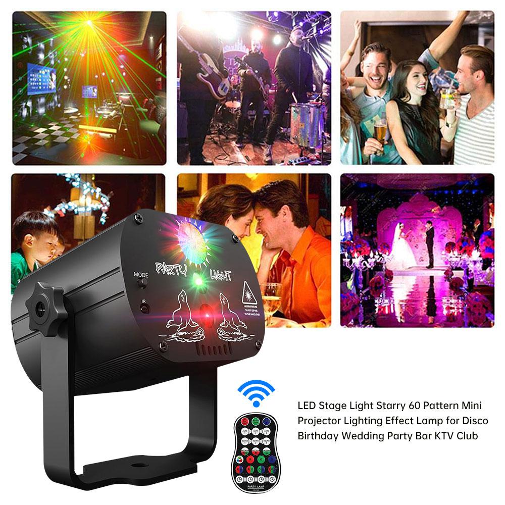 60 patterns Mini DJ Disco Light Party Stage Lighting Effect Voice Control USB Laser Projector Strobe Lamp for Home Dance Floor