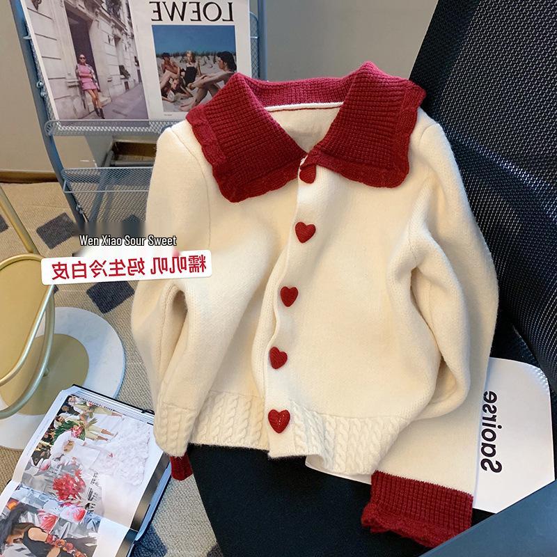 

Women s Red & White Knit Sweater with Heart Buttons - Doll Collar, Sweet & Youthful for Autumn/Winter 2025 Medium
