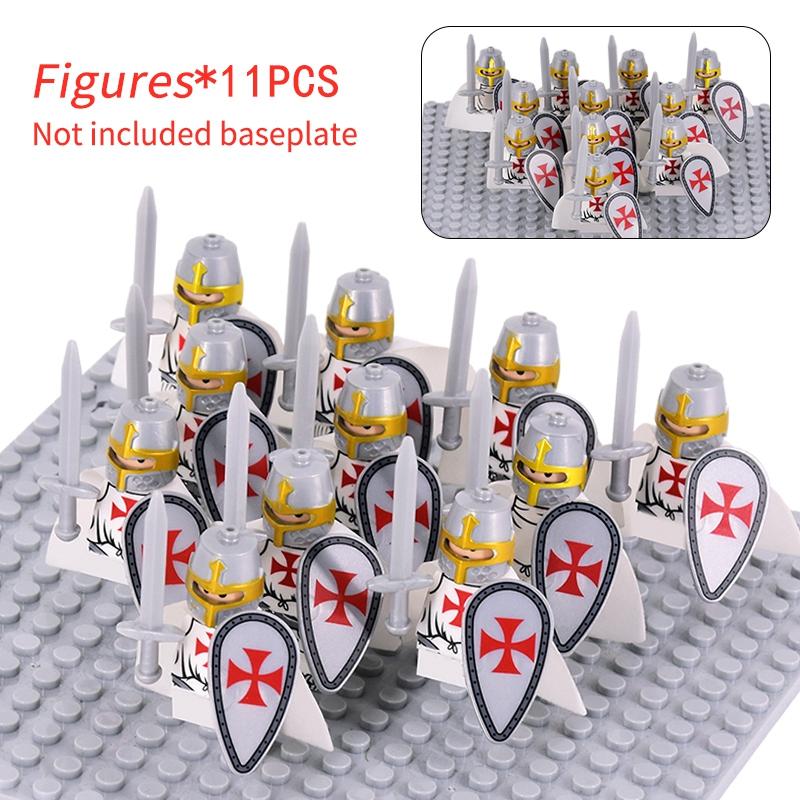 11 Silver Gray Knight Figures w Yel Edge Helm Swords Red Cross Shields White Cloaks No Baseplate