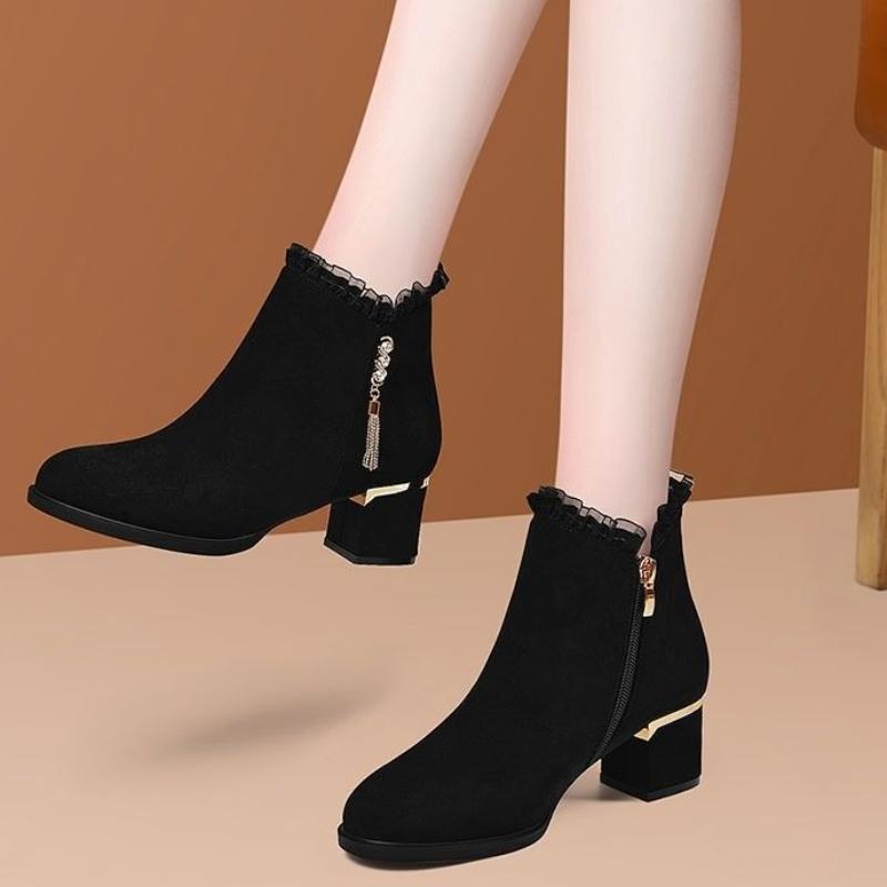 Fleece-Lined Booties Black Autumn Winter Female Short Shoes Elegant with Medium Heels Women's Ankle Boots Rhinestone Boot Sale