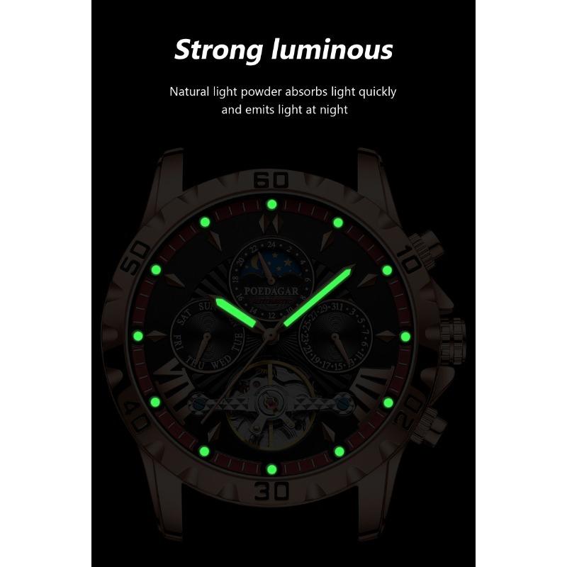 POEDAGAR Luxury Men Watch Luminous Waterproof Hollow Tourbillon Male Clock Week Date Business Automatic Mechanical Watches