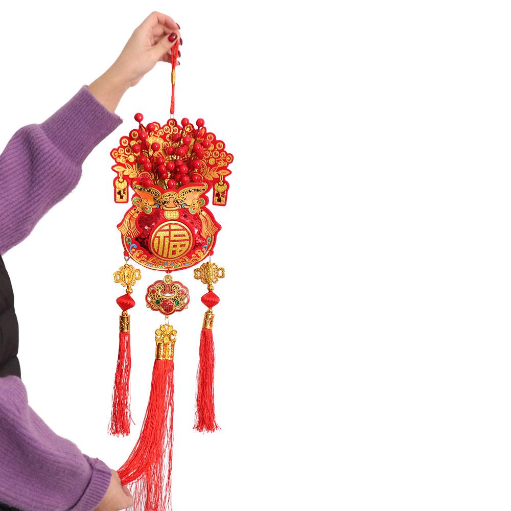 Lucky Bag Shape Chinese New Year Decoration with Tassel Festive Hanging Ornaments Room