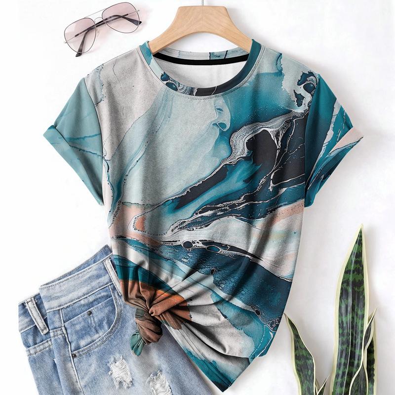 Dam T-shirt Casual Sommar Rund Hals Kortärmad 3D-tryckt Elementmönster Gradient Skjorta