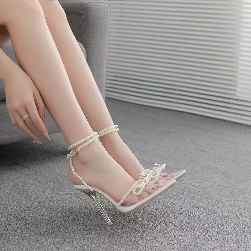 Women's Butterfly Pearl Rhinestone Pointed Toe Crystal Heel Sandals