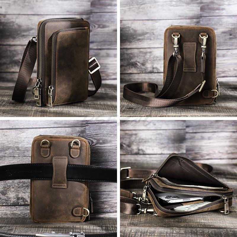 Retro Crazy Horse Leather Phone Bag Outdoor Portable Shoulder Crossover Multi Functional Waist Large Screen Phone Storage Bag