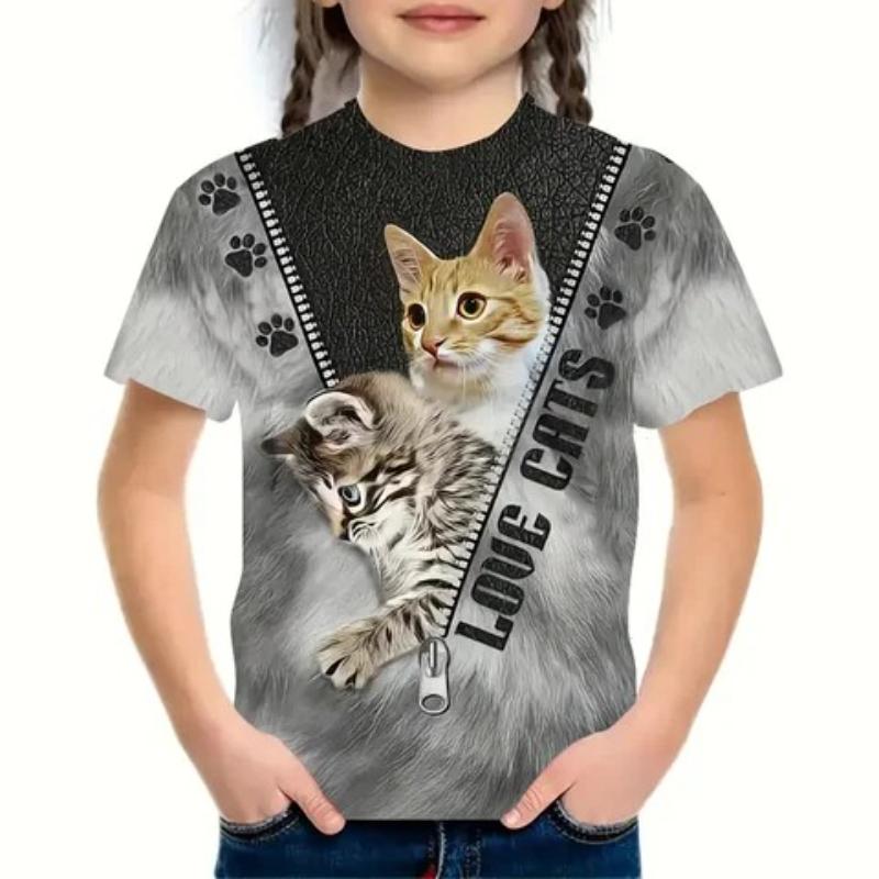 T-shirts Mignons Multicolores Tie Dye à Imprimé Chatons Dessin Animé pour Enfants Filles T-shirt Tendance Doux et Confortable