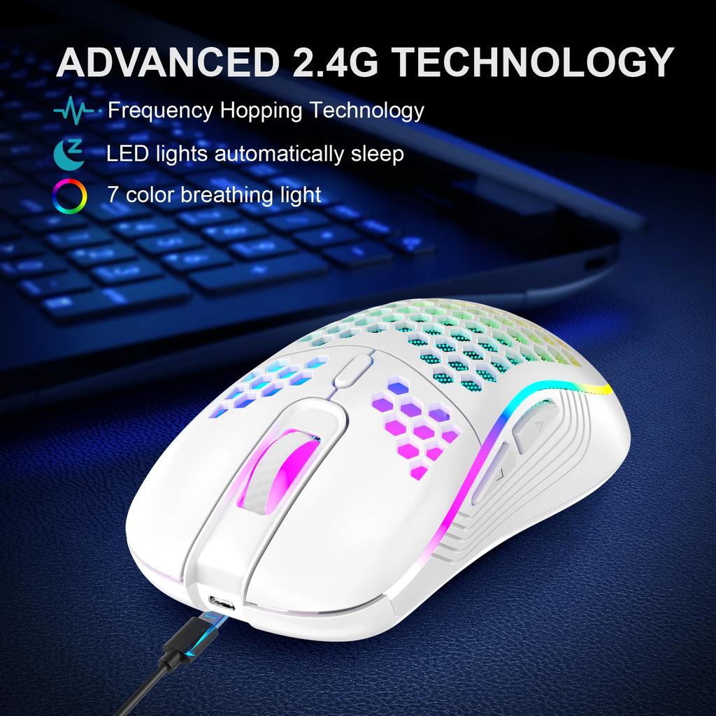 Wireless Gaming Mouse Honeycomb 2.4G USB Cordless Mouse RGB Rechargeable PC Game Mice With LED Lights