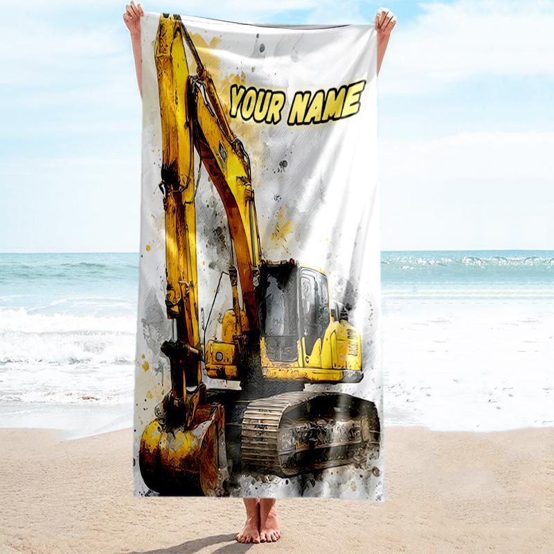 1PC Custom Name Excavator Art Card Beach Towel Highly Absorbent And Sand-Resistant Towel for Swimming, Pool, Yoga, And Travel Lightweight