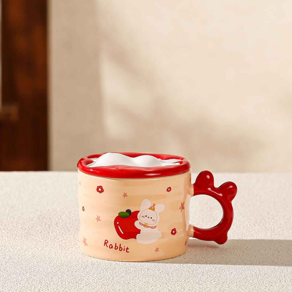 Little Rabbit Cartoon Ceramic Cup with Lid for Girls with High Temperature Mug Cute Creative Water Cup Office Gift Cup