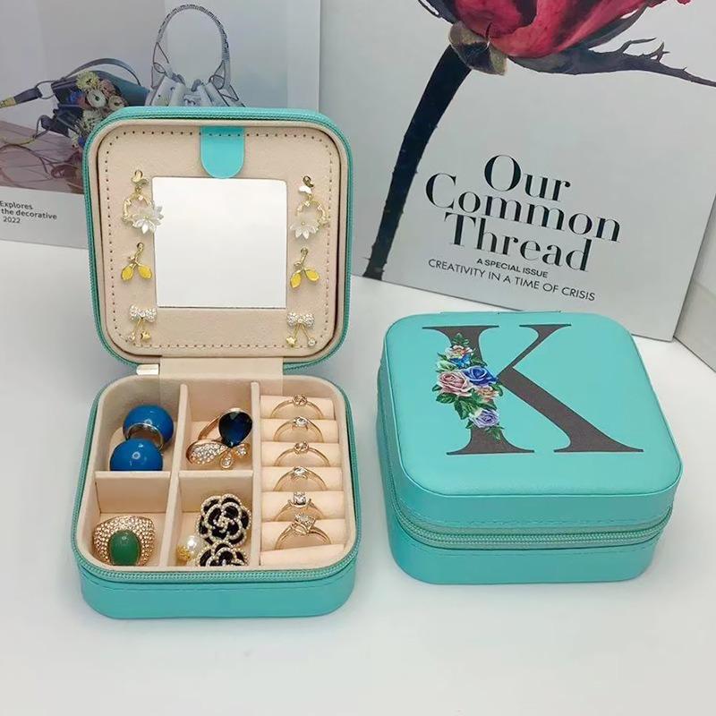 PU Leather Jewelry Box Mirror Storage Box 26 Letter Printed Portable Jewelry Organizer Earring Ring Necklace Case