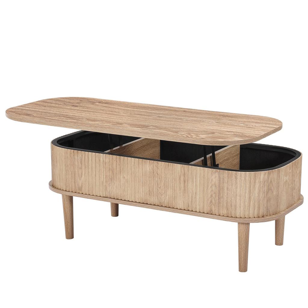 1000 Mm Lift Top Coffee Table, Fluted Oval Coffee Table with 3 Hidden Compartment, Mid Century Wooden Oval Center Desk with Storage, Lift Up Tabletop