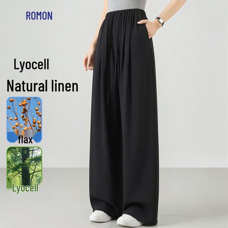 Romon Women s Natural Linen & Lyocell Straight Wide-Leg Pants L