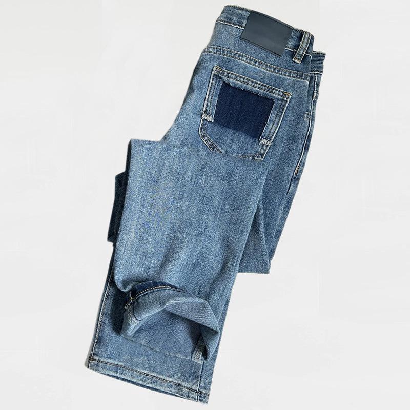 

Women s High Waist Cropped Denim Jeans with Leather Patch and Contrast Pockets - Slimming, Versatile, Straight Leg Pants Extra Large средний синий
