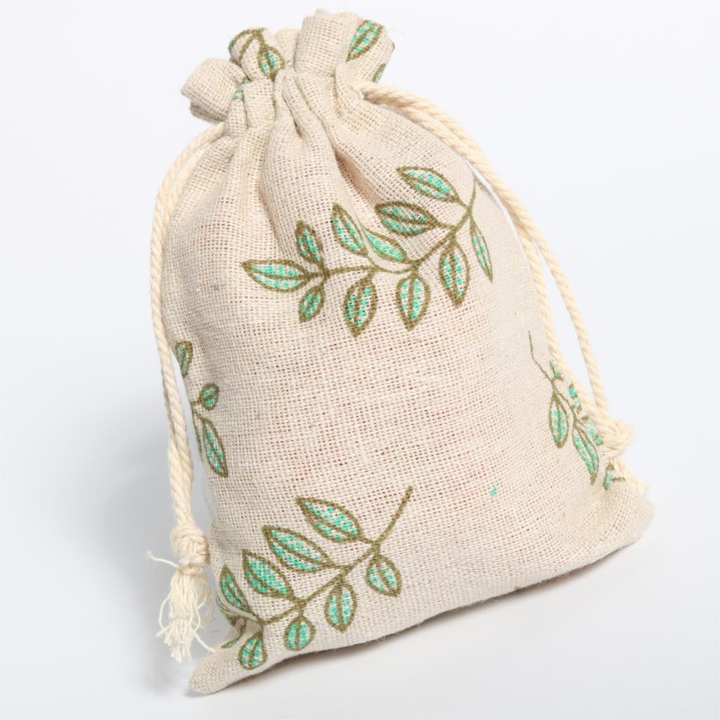 3Pcs / 5Pcs Gift Bags Linen Green Leaves Packaging Drawstring Pouches Gift Jewelry Packaging Wedding