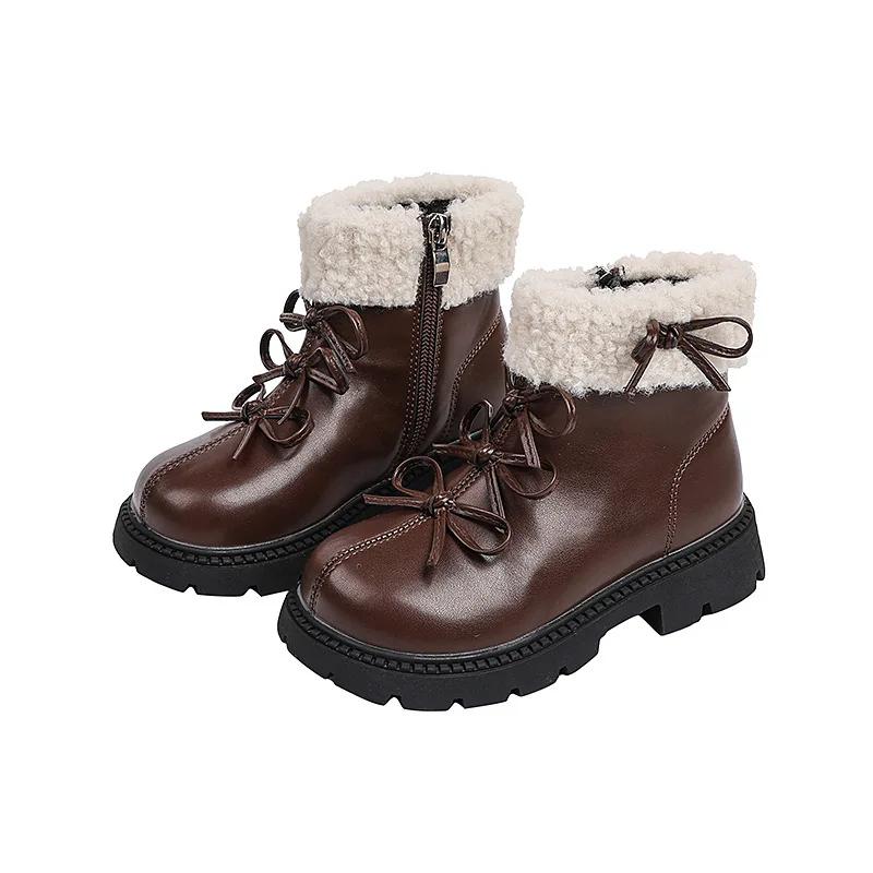 Girl Winter Boots Sweet Chic Children Platform Ankle Boots Elegant Bowknot Versatile Kids Fashion Cotton Boots New Solid Color