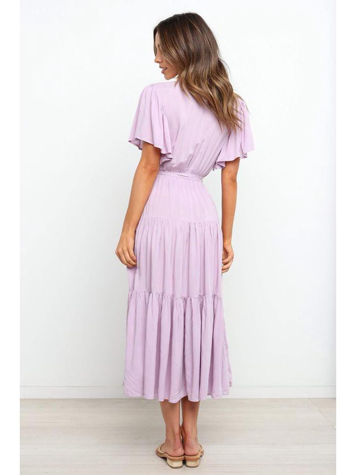 Böhmisches V-Ausschnitt Druck Kurzarm Taillenbetontes Langes Kleid Verfügbar