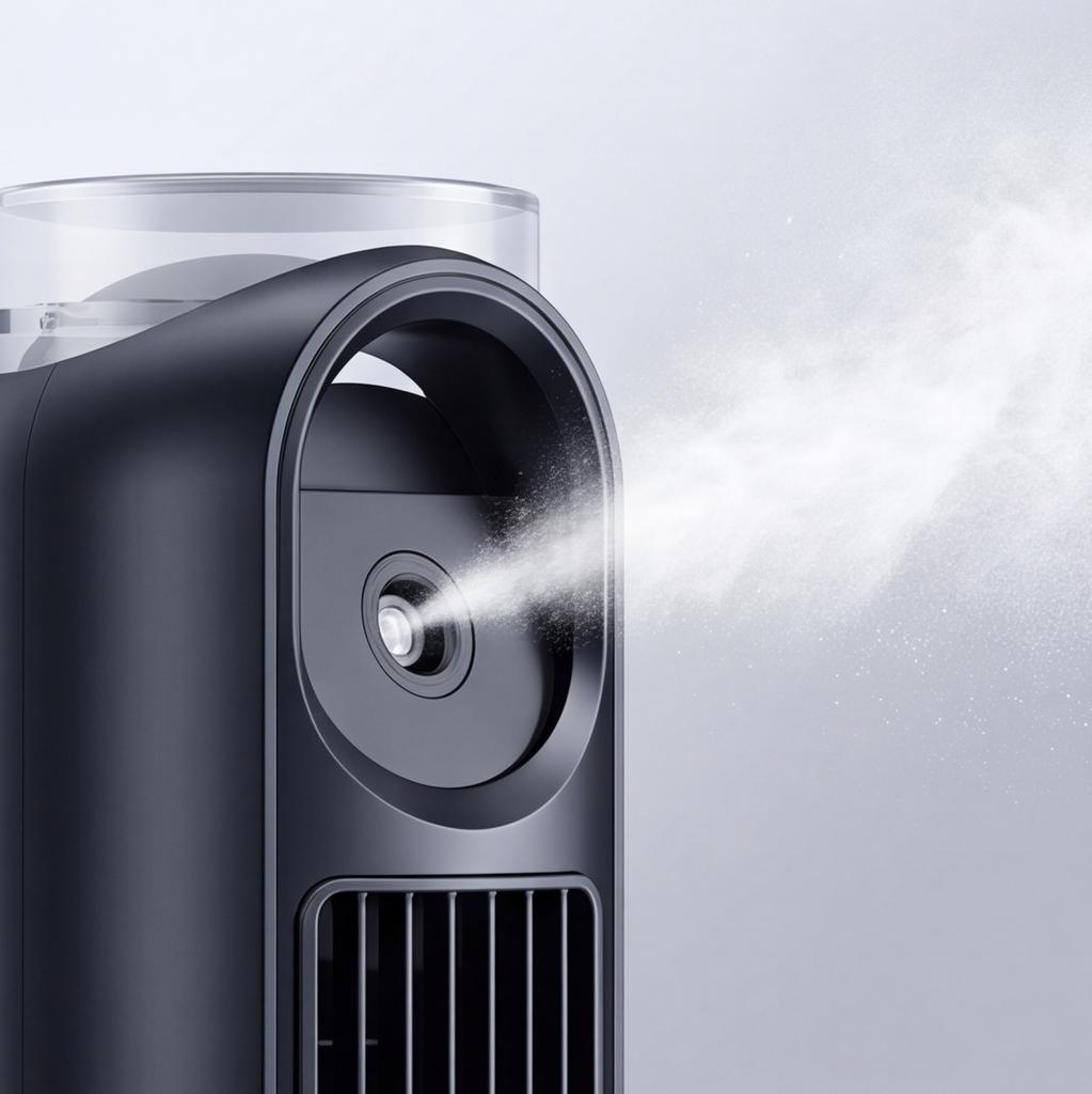 Bladeless Air Cooler: USB Powered Humidifying Mist Fan with Remote Control - 6 Velocity Settings Evaporative Cooling Fan 120° Oscillation for Bedroom