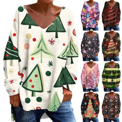 Women's Fashionable Casual Long Sleeved Christmas Printed V Neck Loose T Shirt Top