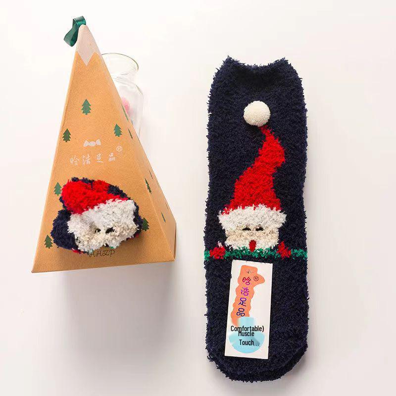 Șosete de Crăciun 3D din Fleece Coral de Desene Animate pentru Adulți și Copii, Jumătate-Catifea cu Design cu Bilă Acrilică