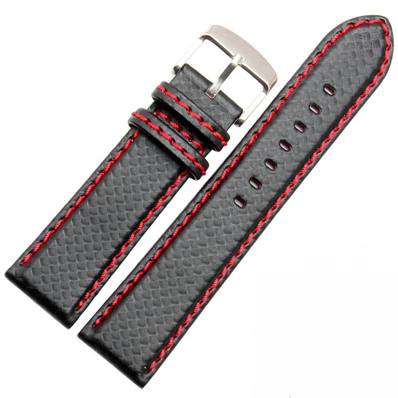 18mm 20mm 22mm 24mm Schwarz Rot Orange Naht Kohlefaser Leder Uhrenarmband mit Stahlschließe Armband Sportuhrarmband