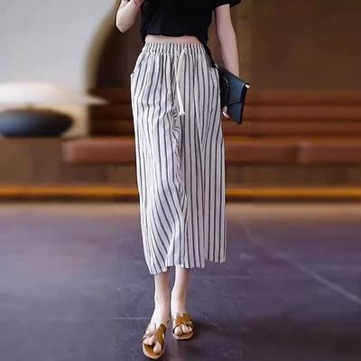 Pantaloni Larghi a Righe Sottili Estivi da Donna a Vita Alta Drappeggiati Casual