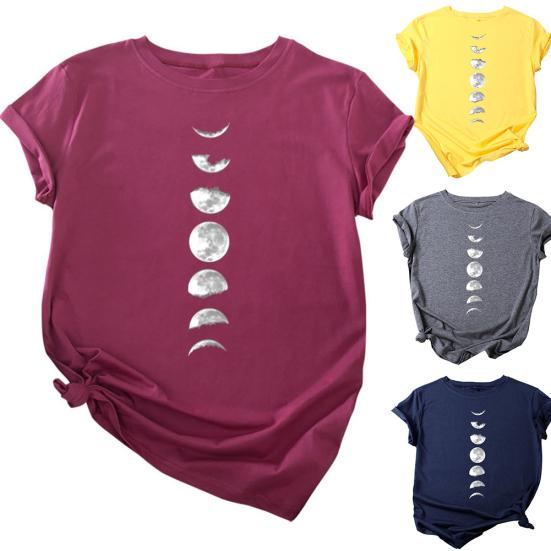 Women Summer Casual O Neck Short Sleeve Moon Print Loose Blouse T-shirt Top