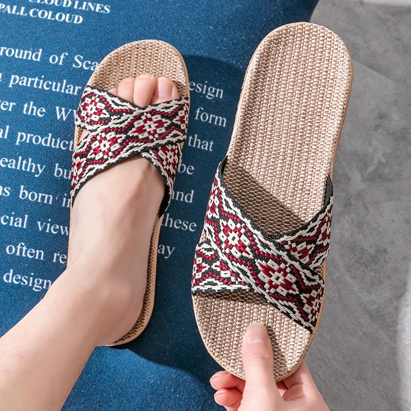 Linen Slippers Household Thick-soled Straw Weaving Men and Women Summer Cool Slippers Home Indoor Non-slip and Non-smelly Feet