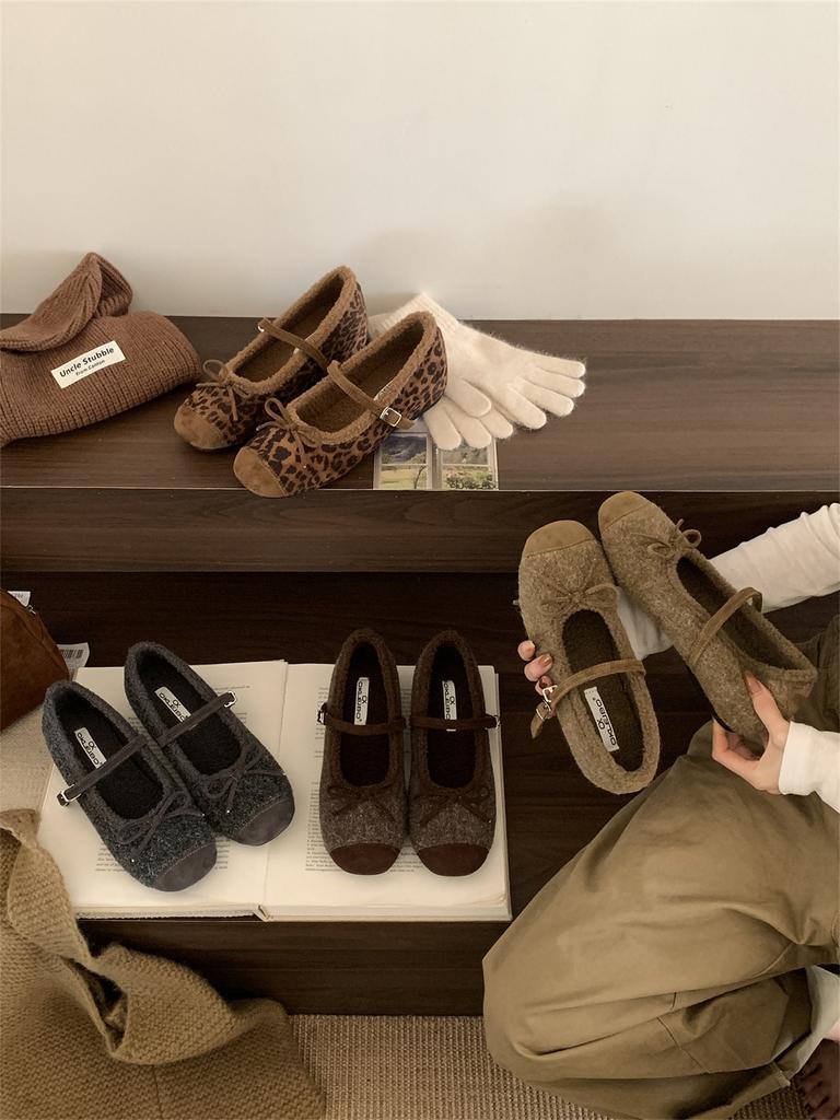 French Flat-bottomed Leopard Print Mary Jane Single Shoes Women's 2025 New Autumn and Winter Bow Versatile Velvet Ballet Shoes