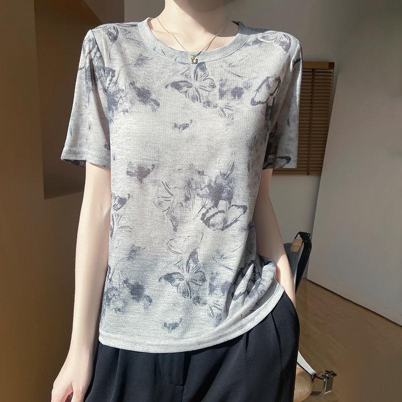 Women's New Summer Tie-dye Ink Painting Short-sleeved Casual Versatile Thin Positive Shoulder Round Neck T-shirt