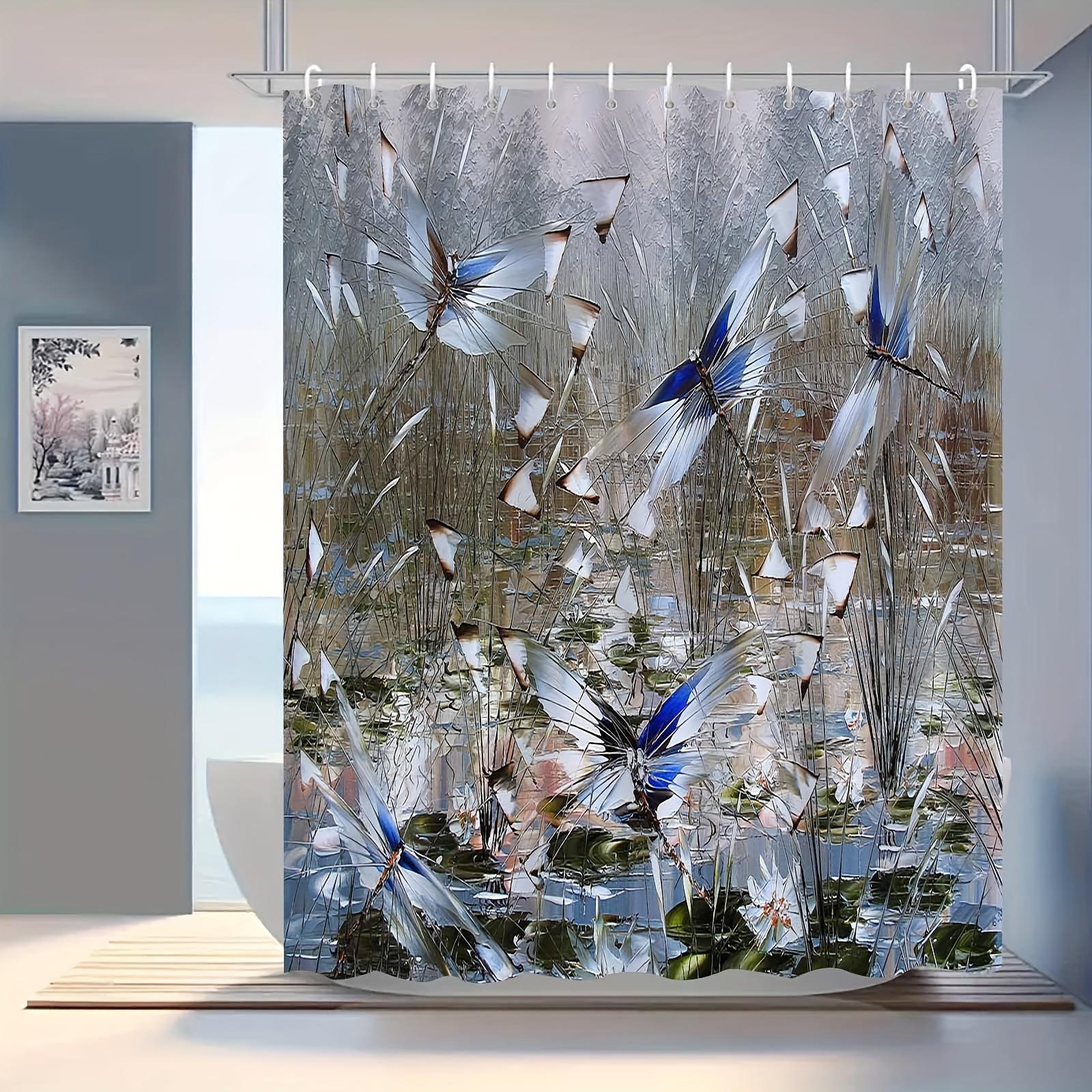 

Elegant Dragonfly Landscape Shower Curtain, Anti-Fog, Serene Blue & White, Hooks Included, Modern Bathroom Decor W60H190(CM)-1 Pcs