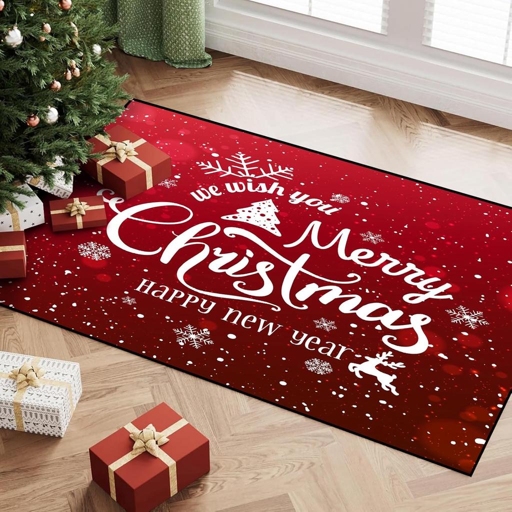 Merry Christmas Rug Winter Snowflakes Area Rug Indoor Blessing Doormat Floor Mat Carpet for Entryway Bedroom Happy New Year