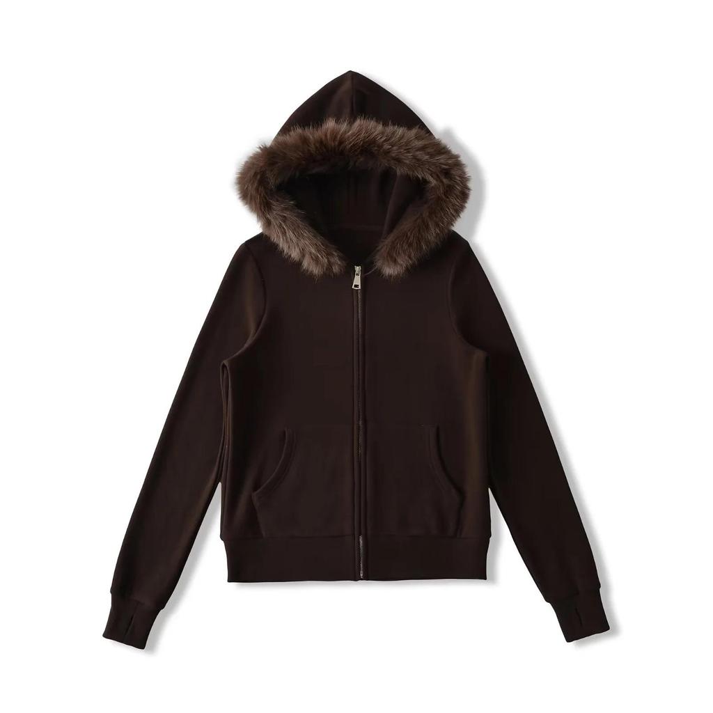 Autumn/Winter Outfit Set: Detachable Fur Collar Hoodie Fleece Jacket & Slim Flare Pants.