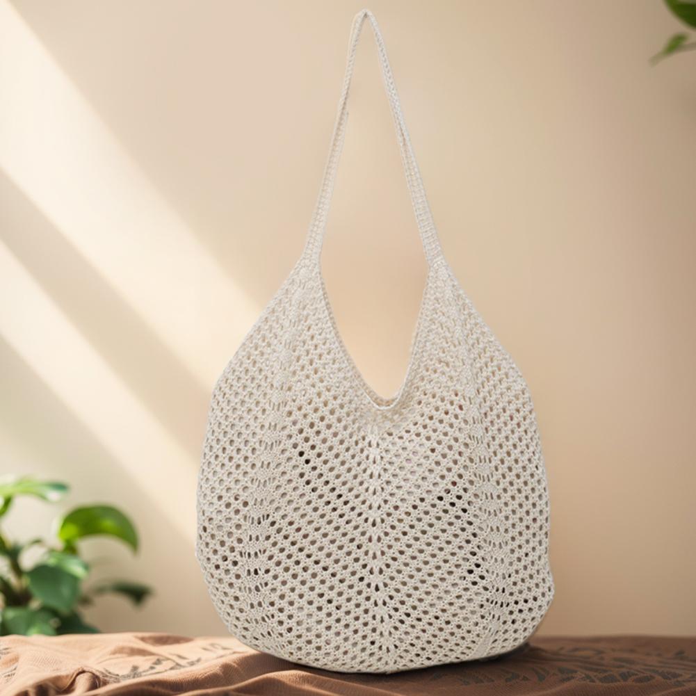 

Women Knitting Shoulder Bag Solid Color Aesthetic Hobo Bag Hollow Out Knitted Tote Handbag Ladies Daily Handbag бежевый