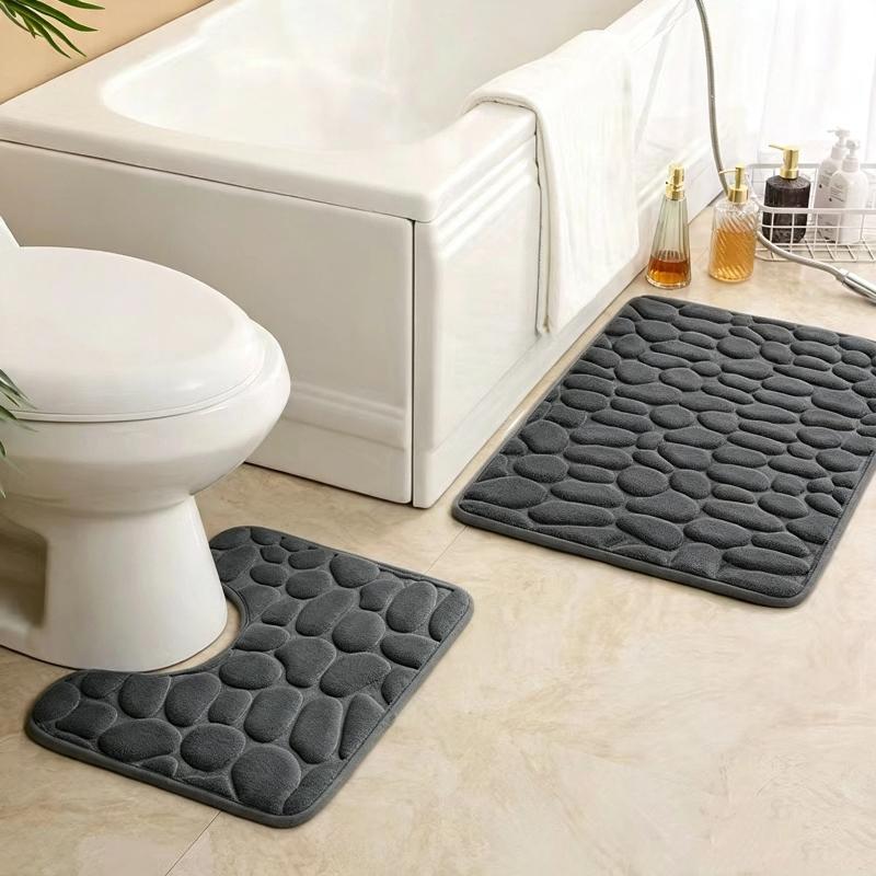 Non Slip Absorbent Bathroom Rug Set Grey Soft Pebble Design 1/2 Piece for Bathroom Toilet Front Floor Use