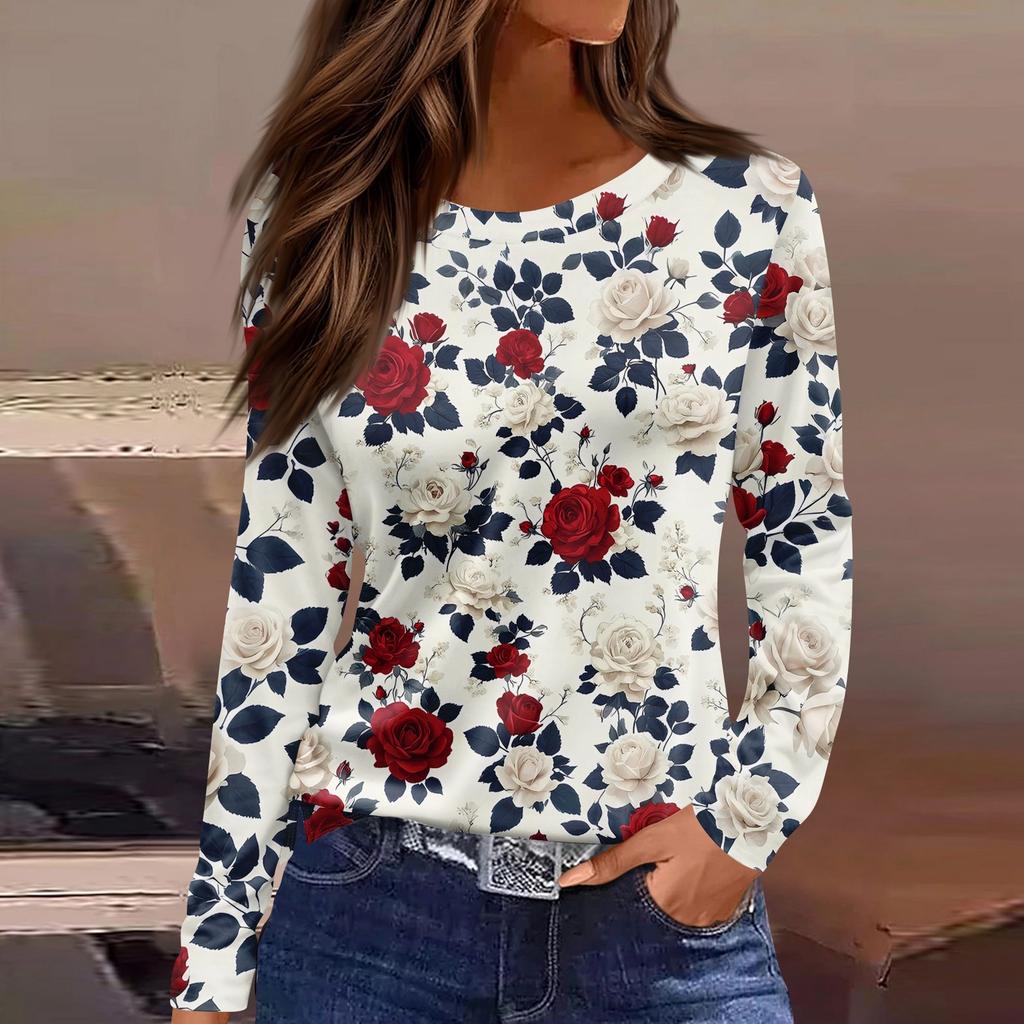 Women's Fashion Casual Slit Hem Round Neck Long Sleeve Loose Printed T-Shirt Ladies Top