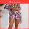 Three Womens Split Piece Swimsuit Set High Waist Long Sleeve Ins Overshirt Drawstring Printed Bikini Suits