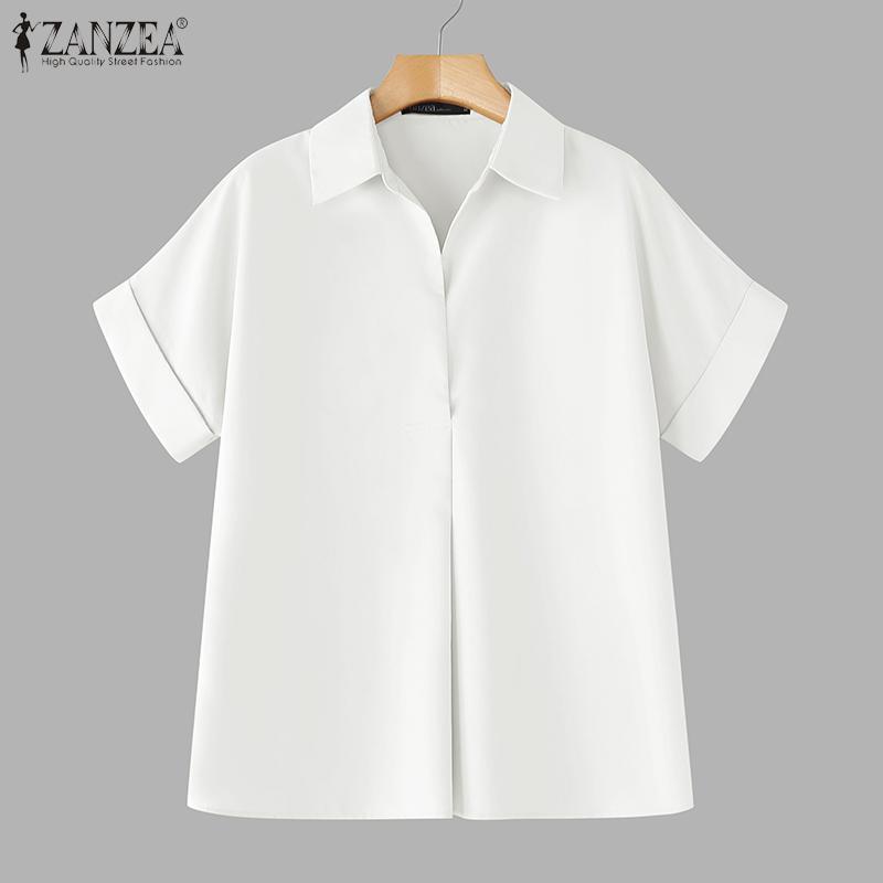 ZANZEA Women Turn Down Collar Loose Casual Short Sleeve Blouse